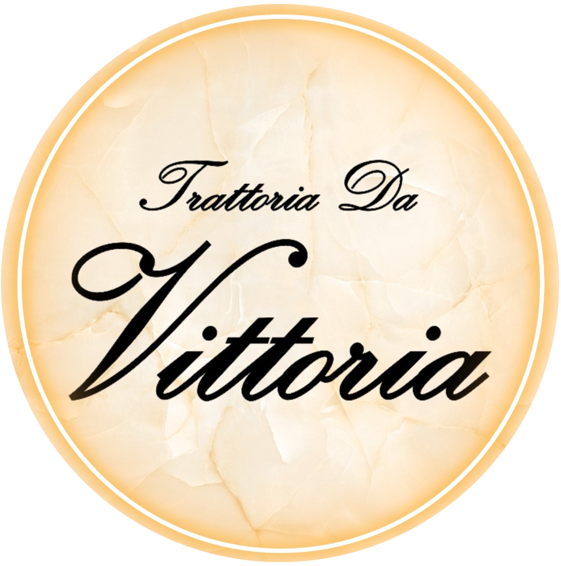 Sigla Trattoria da Vittoria Târgu Jiu, scris de mână pe fond de marmură crem